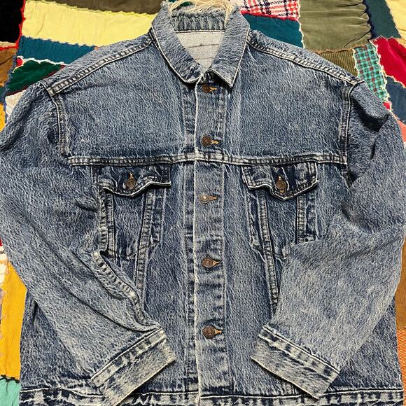 Vintage 80s 90s Navy Blue Tab Faded Denim Trucker Jacket Large - Picture 1 of 6